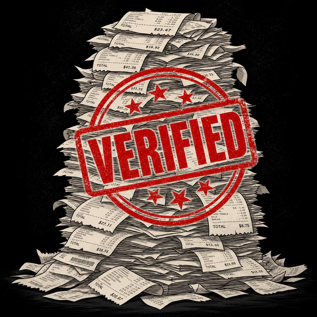 Towering stack of receipts with a big red VERIFIED stamp